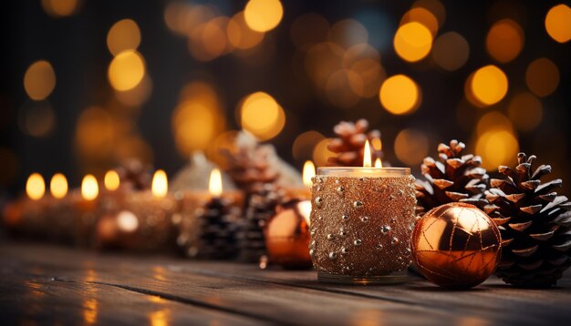 Glowing candle illuminates winter celebration decorating table with warmth generated by AI