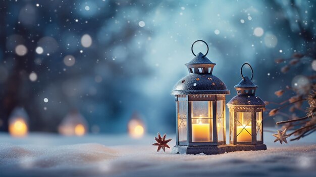 Glowing Candle Lanterns in a Snowy Winter Landscape at Dusk Christmas star Merry Christmas Chris