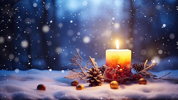 glowing candle in snow Christmas eve