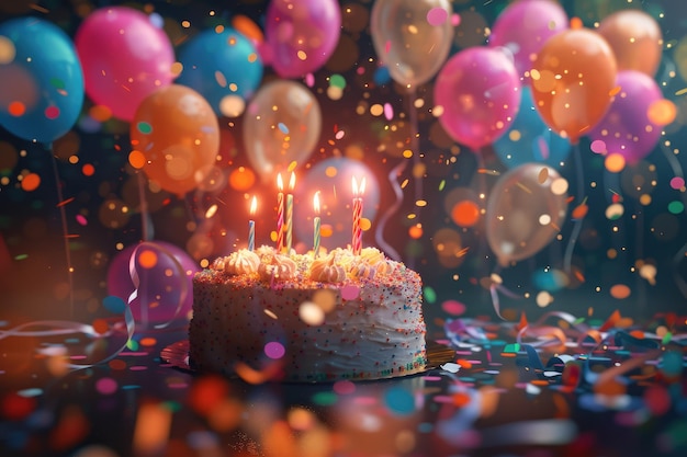 Foto candele accese su una torta di compleanno festiva