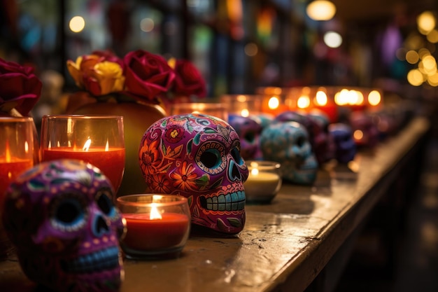 Glowing candles and lanterns illuminating a festive day of the dead night celebration