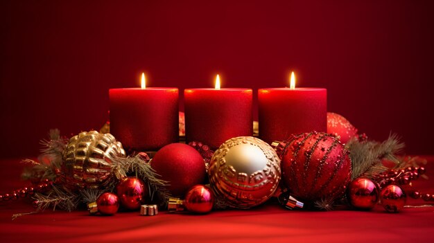 Glowing candles and ornaments adorning a holiday wreath on a rich red background middle view