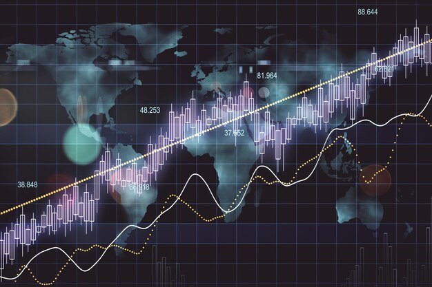 Glowing candlestick chart with digital grid and map hologram