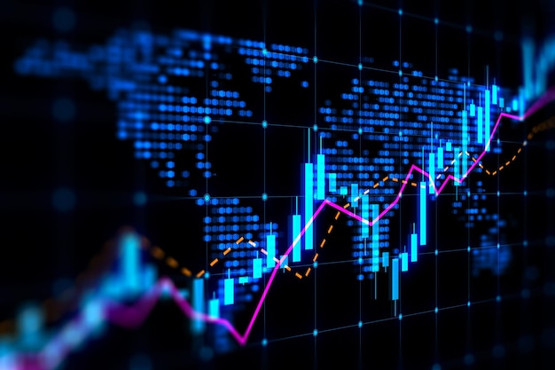 暗い背景に輝くローソク足外国為替チャート マップ ホログラム貿易と市場の概念 3 d レンダリング