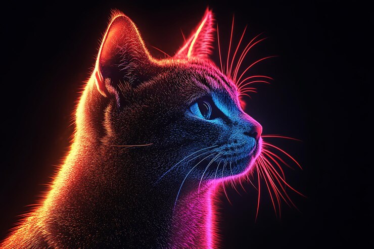 Фотография светлый силуэт кошки с яркими неоновыми цветами на темном фоне
