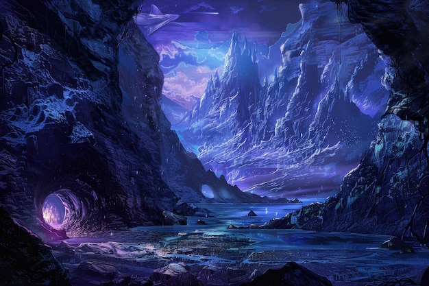 青い空と山を背景にした洞窟のデジタル絵画。 | Premium AI生成画像