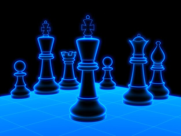 Glowing Chess board. 3D Black Background isolated rendering.