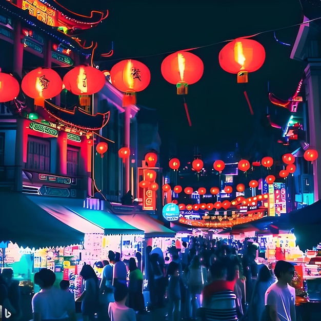 A glowing Chinatown street with lanterns an neon light people enjoying