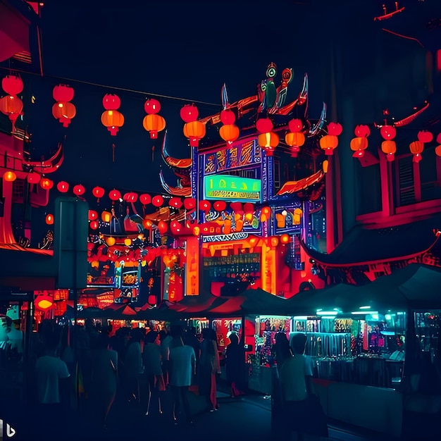 A glowing Chinatown street with lanterns an neon light people enjoying