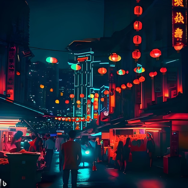 A glowing Chinatown street with lanterns an neon light people enjoying