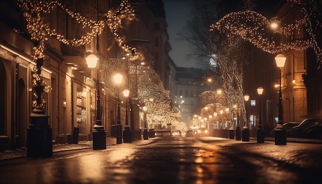Фото Светящиеся рождественские огни освещают городские улицы в сумерках, созданные искусственным интеллектом