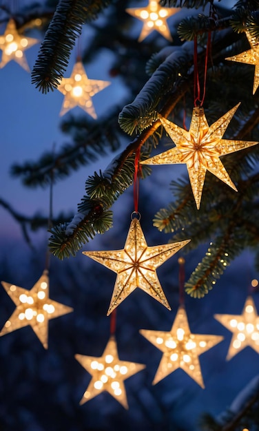 Glowing christmas stars hanging from tree branches at dus