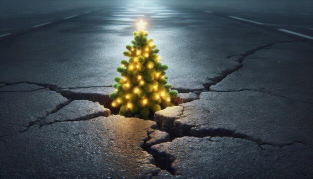 A glowing Christmas tree emerging from a crack in the asphalt road symbolizing hope and festivity