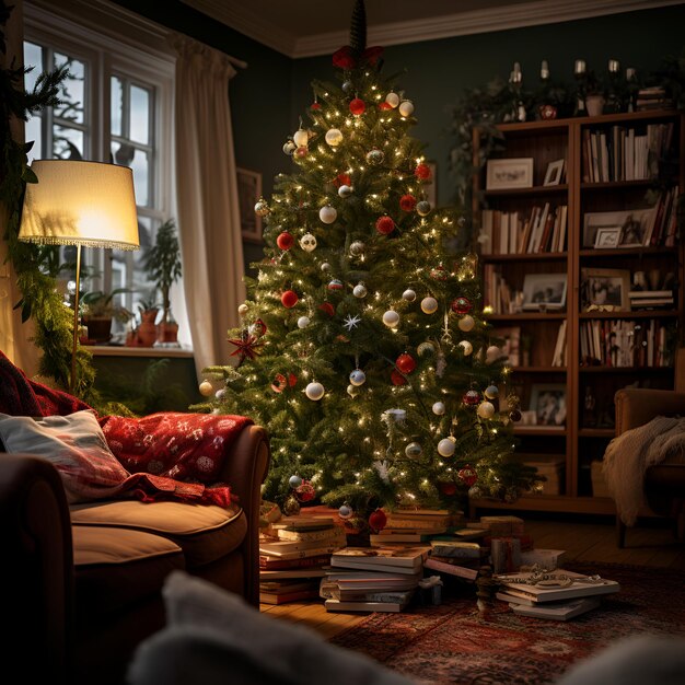 写真 リビングルームの輝くクリスマスツリー