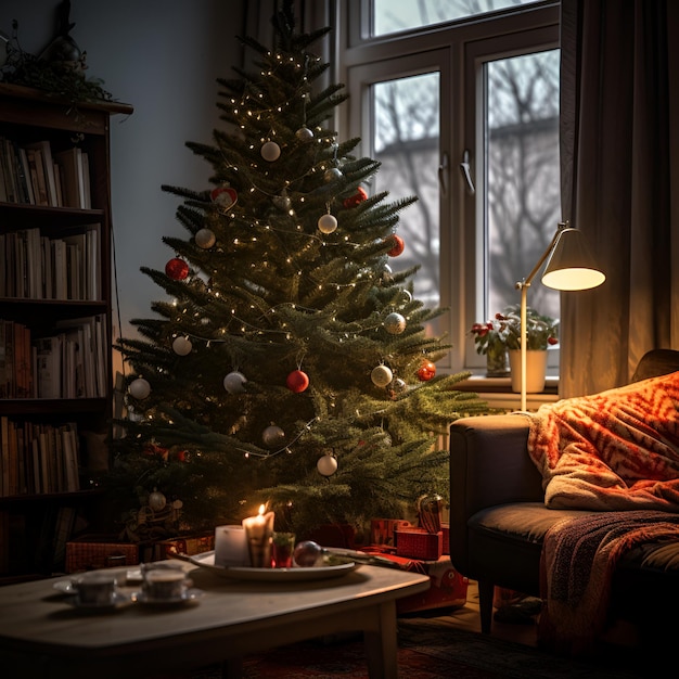 写真 リビングルームの輝くクリスマスツリー