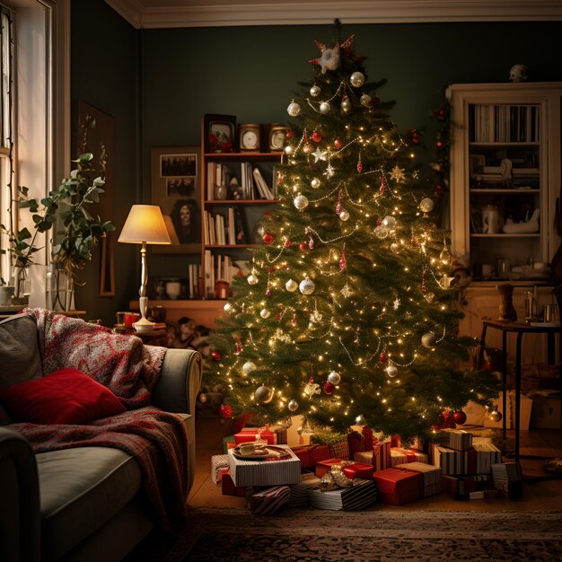 Foto albero di natale luminoso nel soggiorno