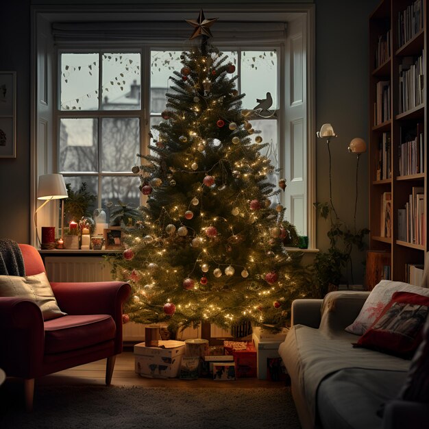 Foto albero di natale luminoso nel soggiorno