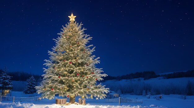 Foto albero di natale luminoso in una notte nevosa