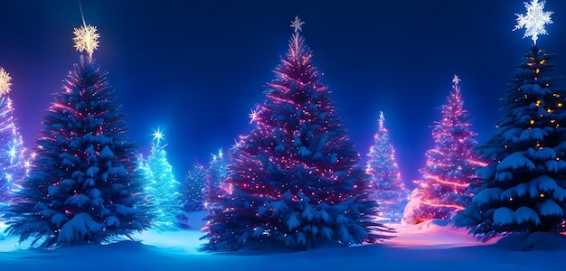 Glowing Christmas trees as panorama background Glowing Christmas trees background AI Generative