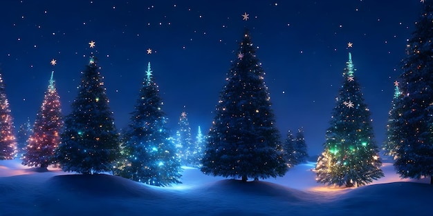 Glowing Christmas trees as panorama background Glowing Christmas trees background AI Generative