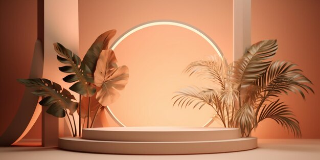 Glowing circle on display podium with tropoical trees along side Peach orange background template Created with Generative AI technology