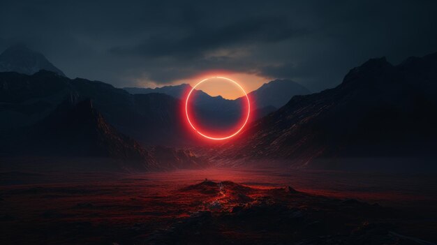 A glowing circle in the middle of nowhere in the minimalist style of retro visuals cyberpunk