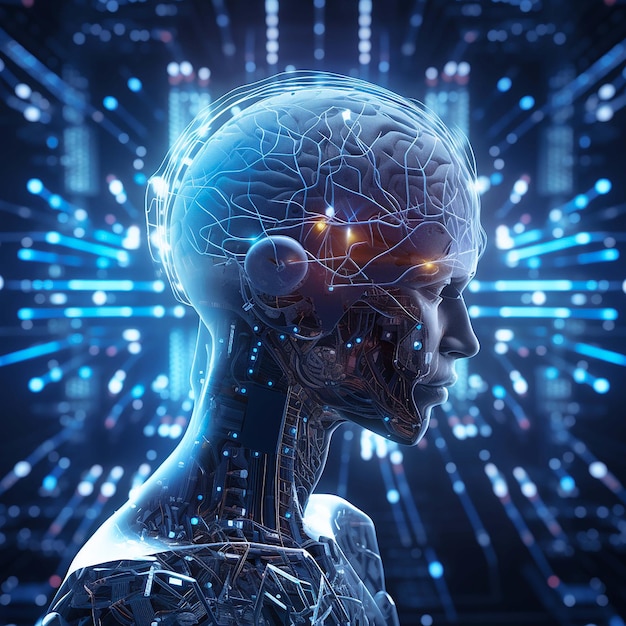 Glowing circuit board complex cyborg brain design generated by AI