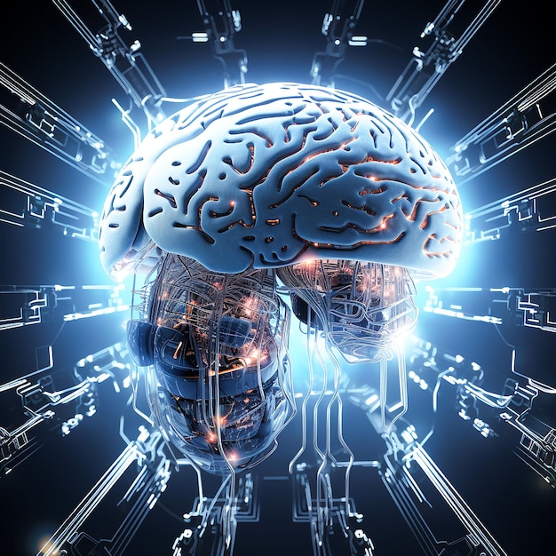 Светящаяся схема сложного дизайна киборгового мозга, сгенерированного искусственным интеллектом