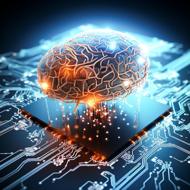 Светящаяся схема сложного дизайна киборгового мозга, сгенерированного искусственным интеллектом