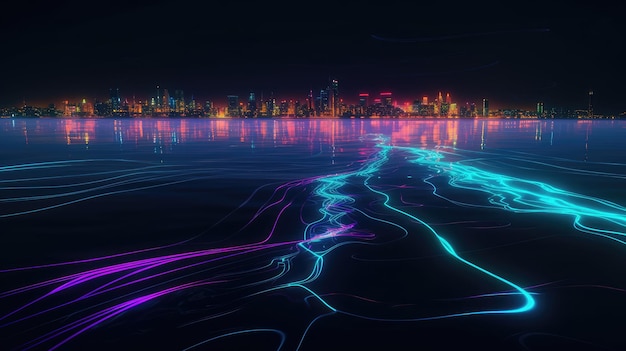 Glowing city and neon lines on water Generative AI design