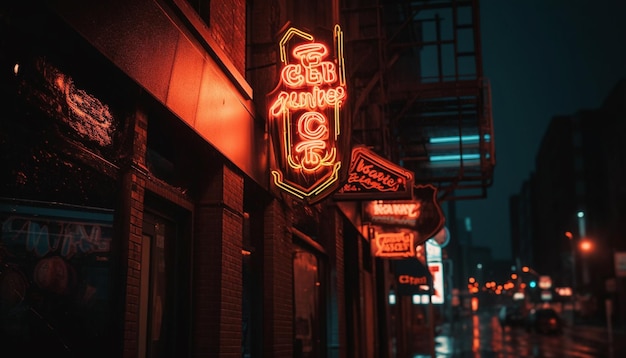 Glowing city nightlife neon lights illuminate buildings generated by AI