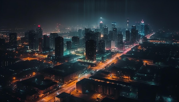 Glowing city skyline at dusk bustling nightlife generated by AI