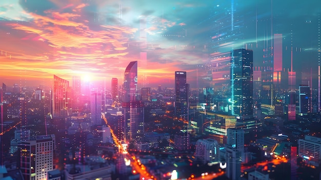 夕暮れ の 輝く 都市 景色 の 未来 的 な 大都市