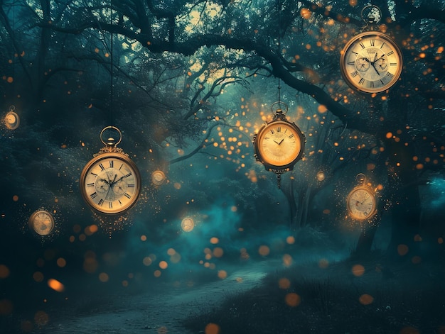 Photo glowing clocks in forest