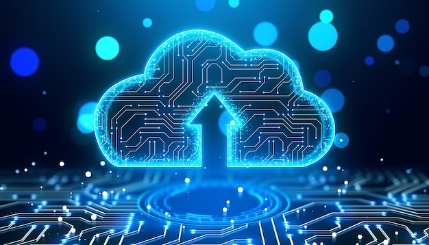 Glowing Cloud Technology Icon met Upload Pijl op Futuristische achtergrond 3D Rendering
