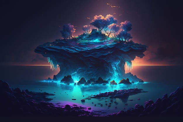 Glowing colorful bioluminescent oceanic island cluster