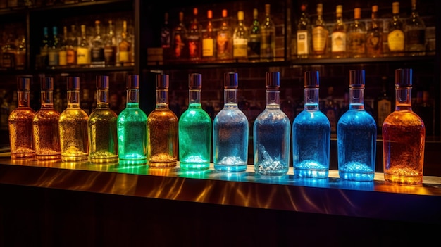 glowing colorful bottles in a row