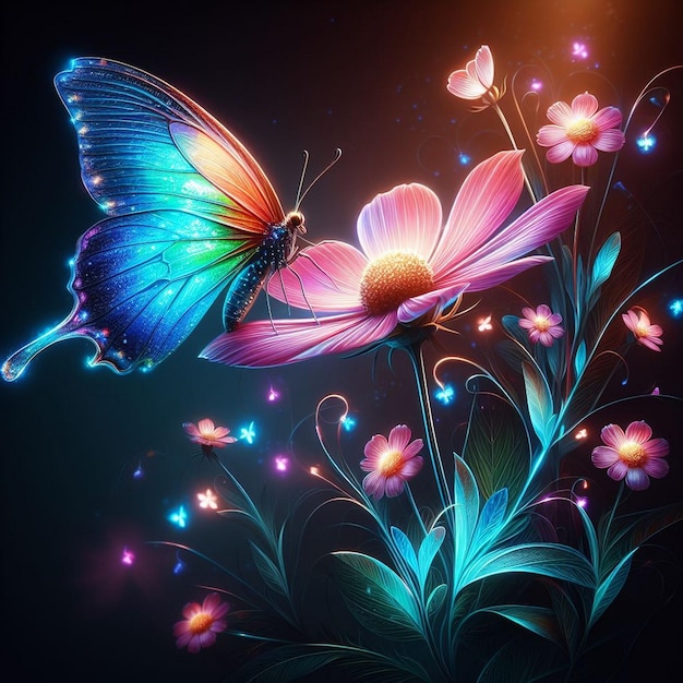 A glowing colorful butterfly sitting on elegant flower in dark background