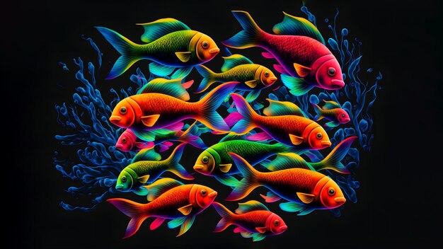 Glowing colorful fishes on black background neural network generated art