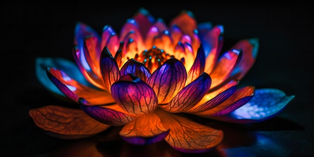 A glowing colorful lotus flower in the dark