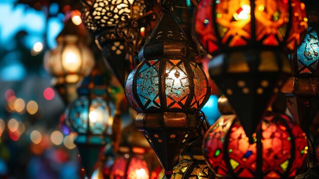 Glowing colorful moroccan lanterns for festive religious celebration and holiday Generative Ai