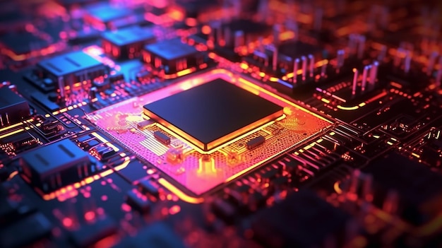 Glowing computer chip complexity of electronics industry background