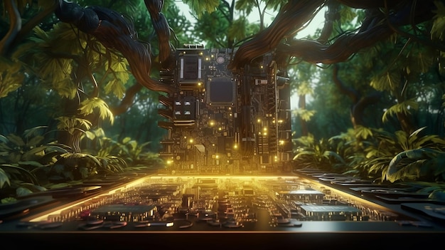 Glowing computer circuits in a tropical forest