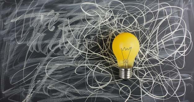 Foto concetto luminoso di creatività bulb giallo tra i doodle di gesso