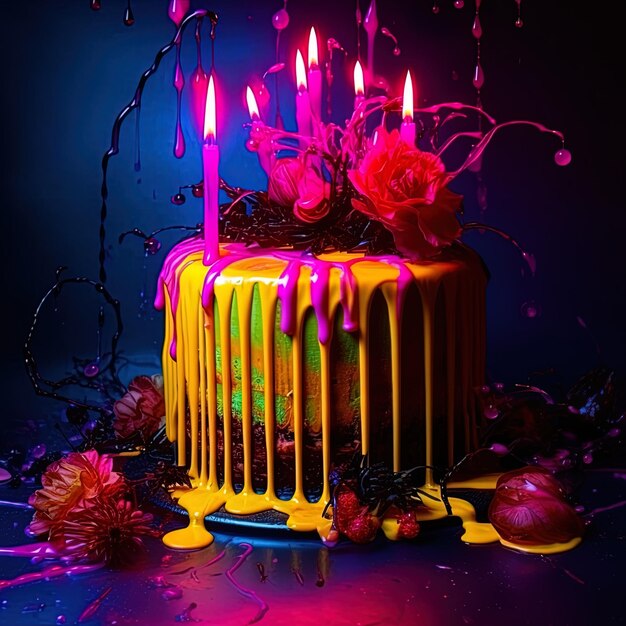 Glowing Confection Cake Dripping in Neon Lights in the Style of R