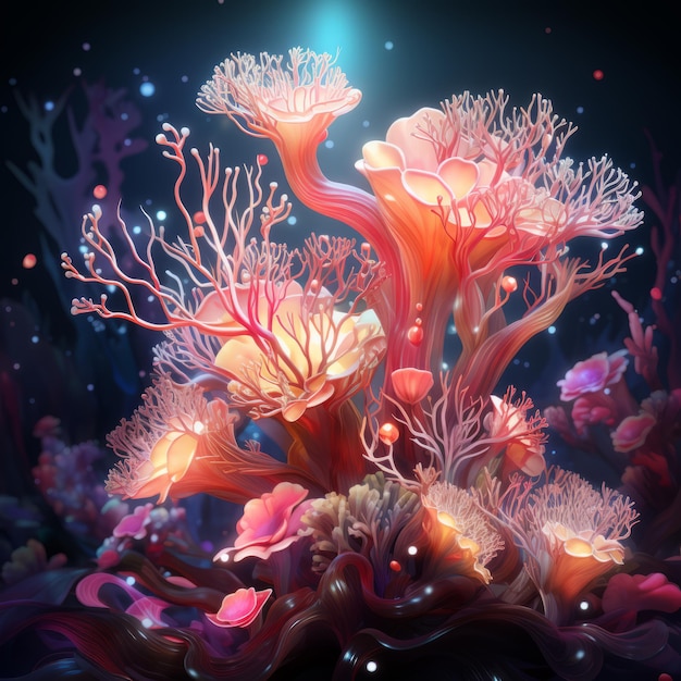 Glowing Coral Symphony Een levendige onderwaterillustratie in neonroze en paars