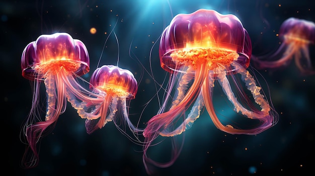 Glowing cosmic jellyfish floating through space tentacles made of light fibers and star particles