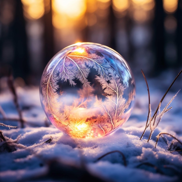 Glowing crystal ball with winter forest on the background Beautiful landscape