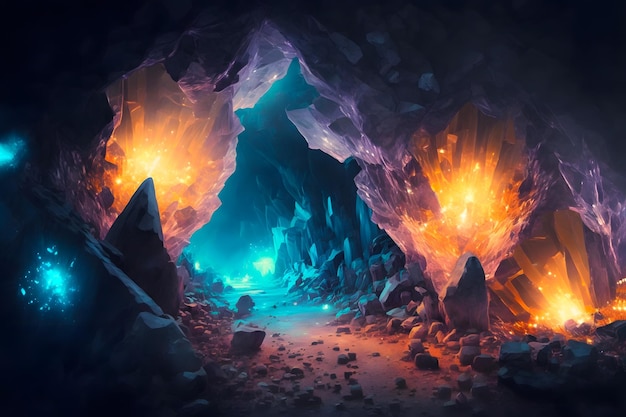 Glowing crystal cave tunnel neural network generated art