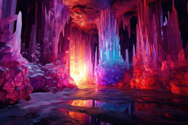 Glowing crystal cave with vibrant colors created with generative ai